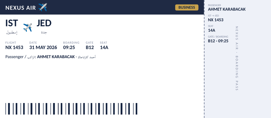 Rendered PDF boarding pass with Arabic city names and passenger name correctly interleaved with left-to-right flight codes, gate and seat information, plus a color band and airplane emoji